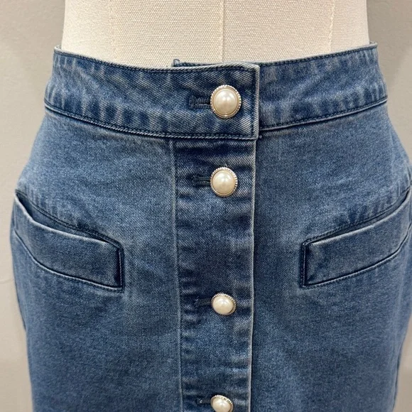 House of Harlow 1960 Pearl Button Denim Blue Mini Skirt - Size 4 - Picture 5 of 8